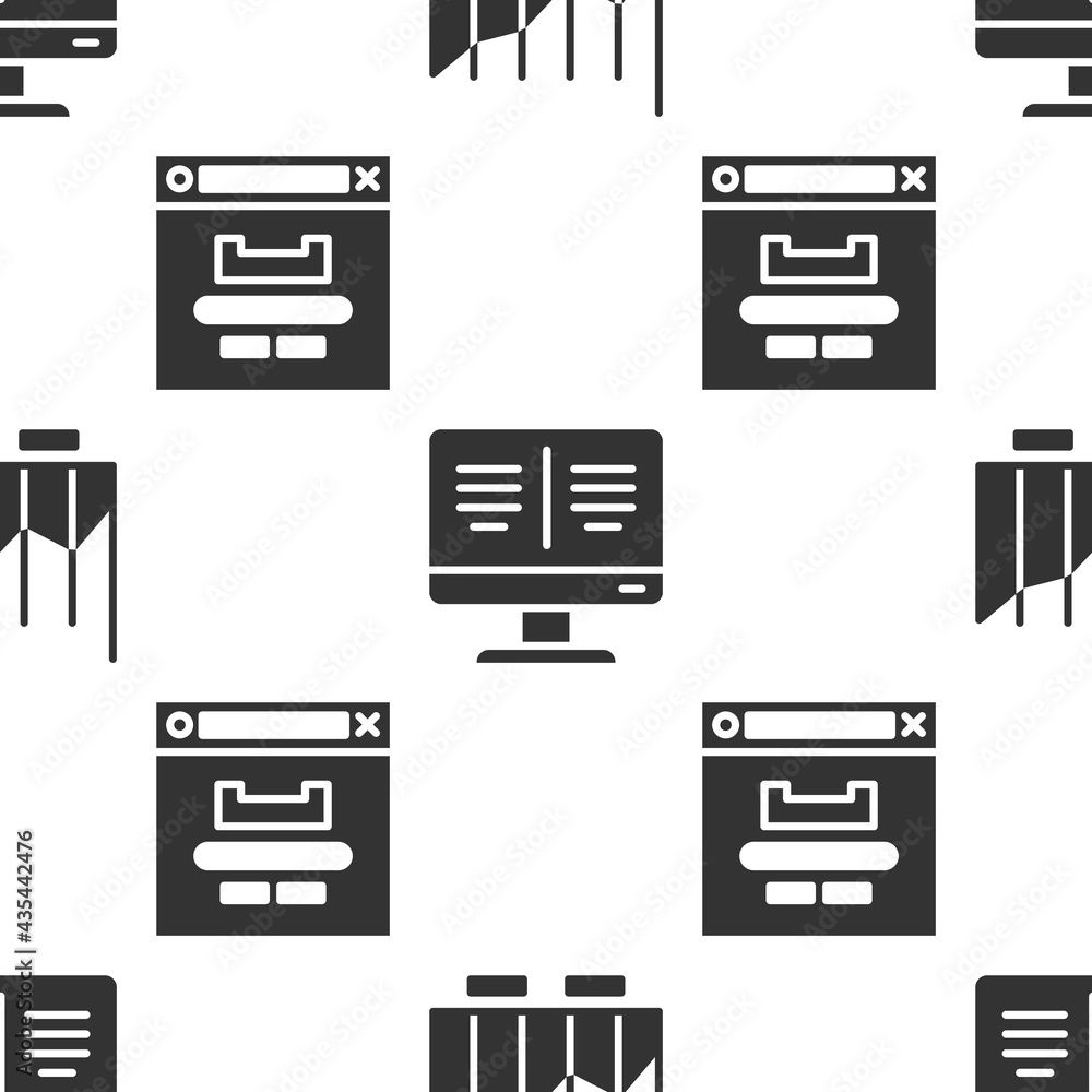 Aufkleber set pie chart infographic, online book on monitor and browser window on seamless pattern. vector