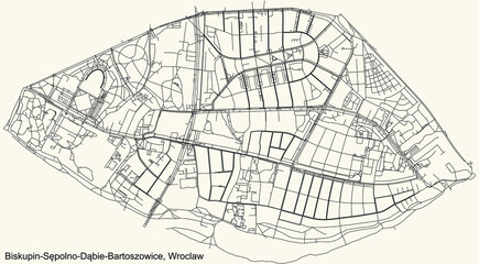Black simple detailed street roads map on vintage beige background of the quarter Biskupin-Sępolno-Dąbie-Bartoszowice district of Wroclaw, Poland