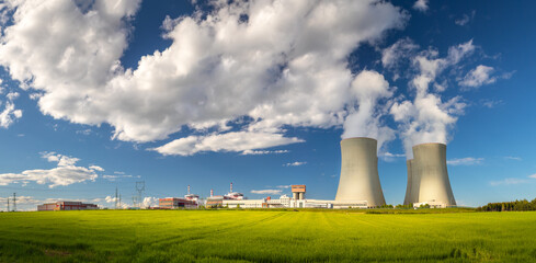 Nuclear Power Plant Temelin, Cooling towers with white water vapor in the landscape, Czech republic