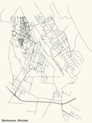 Black simple detailed street roads map on vintage beige background of the quarter Bieńkowice district of Wroclaw, Poland