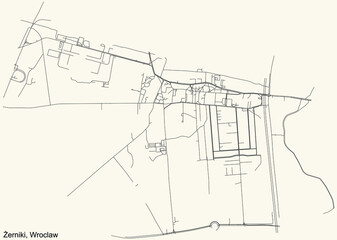 Black simple detailed street roads map on vintage beige background of the quarter Żerniki district of Wroclaw, Poland