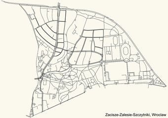 Black simple detailed street roads map on vintage beige background of the quarter Zacisze-Zalesie-Szczytniki district of Wroclaw, Poland