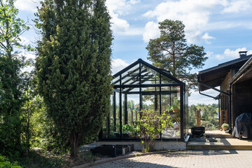 Greenhouse glass house in the garden near the villa. Landscape garden design. Greenhouse for growing plant seedlings. In the yard there are high decorative thujas.