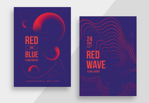 Red and Blue Abstract Poster Layout with Wavy Lines