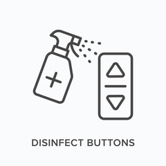 Disinfect button flat line icon. Vector outline illustration of disinfect sprayer. Black thin linear pictogram for virus prevention