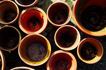 close up of terracotta flower pots