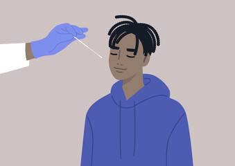 A young male Black character takes a medical covid-19 PCR test, a hand in a protective glove holding a cotton swab