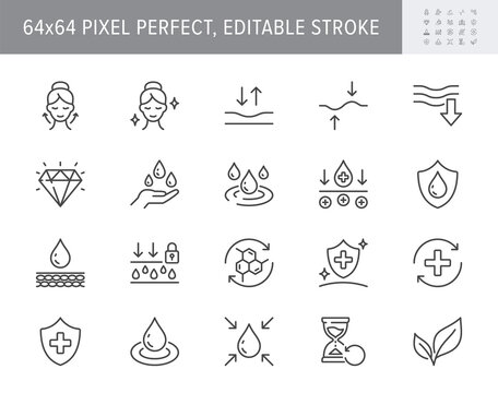 Cosmetic properties line icons. Vector illustration include icon - shield, face lifting, collagen, dermatology, serum outline pictogram for skincare product. 64x64 Pixel Perfect, Editable Stroke
