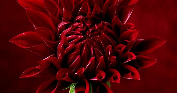 Timelapse of dahlia flower blooming on red background