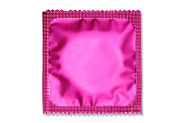 Close up of a pink condom on white background, wrappers in square and rectangle packaging on white...
