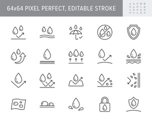 Waterproof line icons. Vector illustration include icon - shield, hydrophobic material, membrane, umbrella, oleophobic outline pictogram for anti water protect. 64x64 Pixel Perfect, Editable Stroke