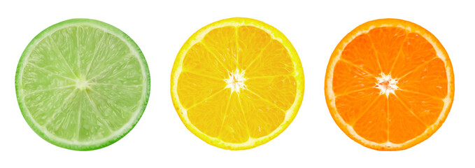 Fototapeta premium Isolated citrus slices. Fresh fruits cut in half (orange, lime, lemon) isolated on white background .