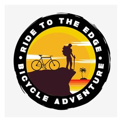 Simple adventure badge logo logo design with big moon, tropical beach and biker illustration.