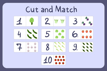 Flash cards with numbers for kids, set 4. Cut and match pictures with numbers and fruits. Illustration for educational math game design. Printable worksheet. Cartoon vector template.
