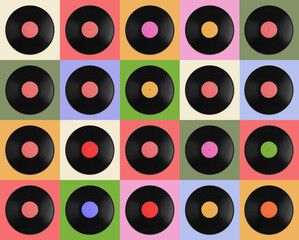 Collage with photos of vintage vinyl records on different color backgrounds, top view