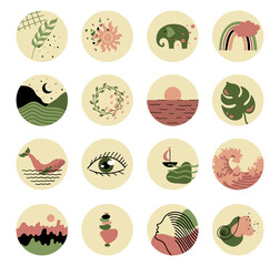 Abstract story highlight cover.Abstract various vector highlight covers with mystical and astrology objects, woman face, space objects in one line style.