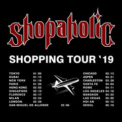 Shopaholic creative lettering T shirt design with World shopping tour schedule. Airplane taking off vector illustration. Download it now