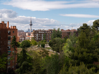 An aerial shot of the Parque del Cerro del Tio Pio in Madrid, Spain
