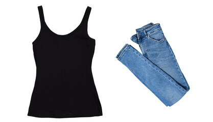 Black tank top and folded denim pants isolated on white background