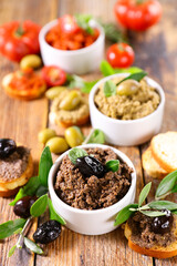 assorted of antipasto, tapenade with tree branch