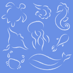 Fototapeta na wymiar set of silhouettes of marine life in watercolor style