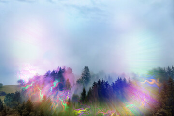 View of mountain forest and flashing lights effect. Migraine aura, symptom of disease