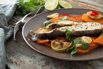 Fototapeta na wymiar a plate of baked halibut steak with sweet potatoes and lime on a table