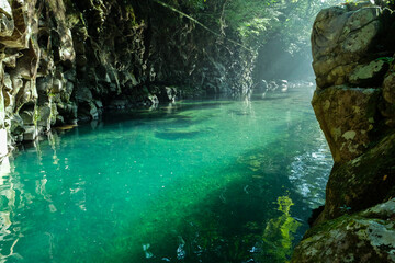 SO green water in Akaike waterfall. It's beautiful view and undiscovered place in Japan.