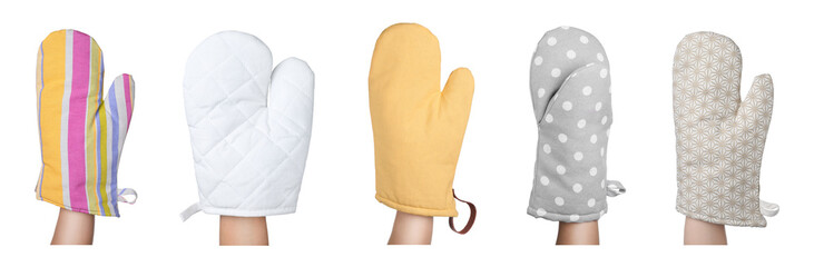 Closeup view of chefs in oven gloves, collage. Banner design