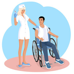 A beautiful nurse vaccinates a person in a wheelchair