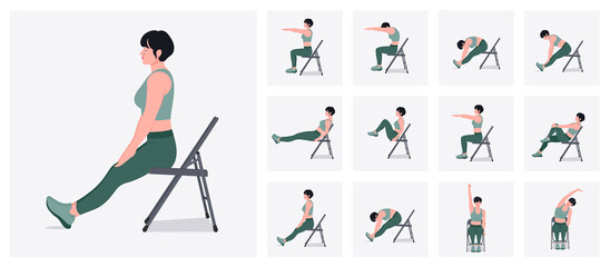 Chair stretching exercises set. woman doing fitness and yoga exercises with chair. 