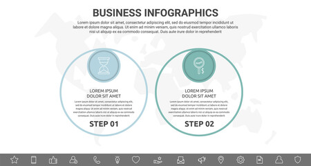 Modern and line vector Infographic with icons and two steps. Circles with thin lines for the application, website, interface, chart, levels, web, diagram, banner on a white isolated background