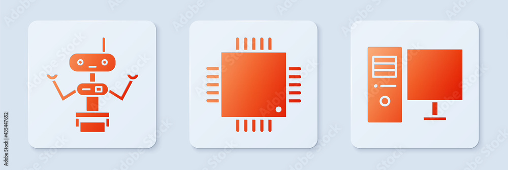 Aufkleber set processor with microcircuits cpu, robot and computer monitor. white square button. vector