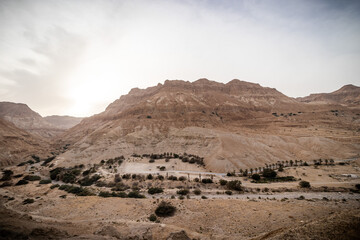 the landscape of the mountains. red desert Mountains panoramic view from Kibbutz Ein Gedi in the South of Israel

