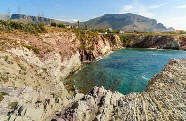 Fototapeta na wymiar Cala Maidduzza inside the Sicilian Nature Reserve, Mediterranean sea landscape, Terrasini, province of Palermo, Italy