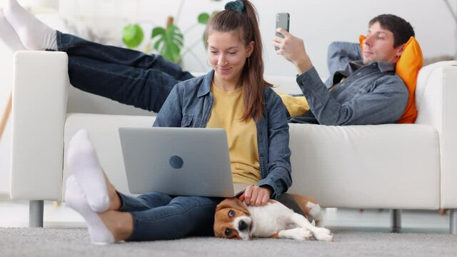 Woman freelancer work at laptop with dog and man browse internet on mobile phone, lie on sofa Spbi