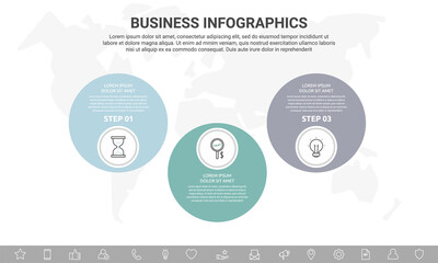 Vector three step infographics from circles with icons. Modern timeline concept for chart, levels, web, diagram, banner, presentations, business, diagram