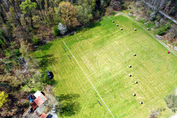 Aerial view of archery range with a large lawn and targets