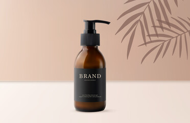 Plastic bottle with pump 3d realistic vector illustration on beige background with shadows of palm leaves. Mock-up container with dispenser for liquid cosmetics. Summer concept sunscreen SPF lotion