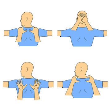 Massage set. Yumeiho therapy. Instructions for performing massage techniques, warm-up of the trapezius muscle. Simple vector illustration for physical therapy guidelines, websites and prints.