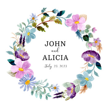 Save the date. green purple floral wreath with watercolor