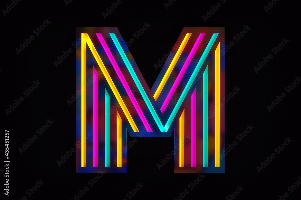 Poster modern display font with cool luminous lines. typeface collection letter m. high quality 3d renderin