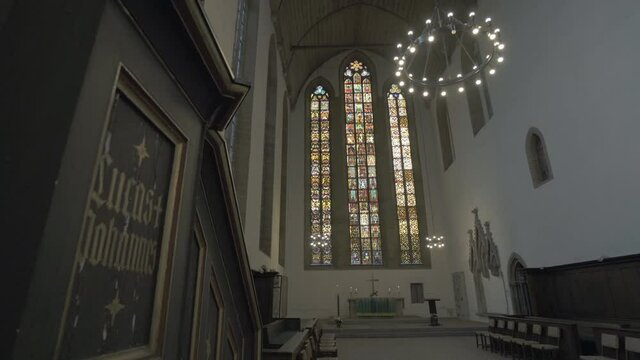 Panning The Apse And Soaring Stained Glass Windows In The Interior Of An Old German Church - Erfurt, Germany