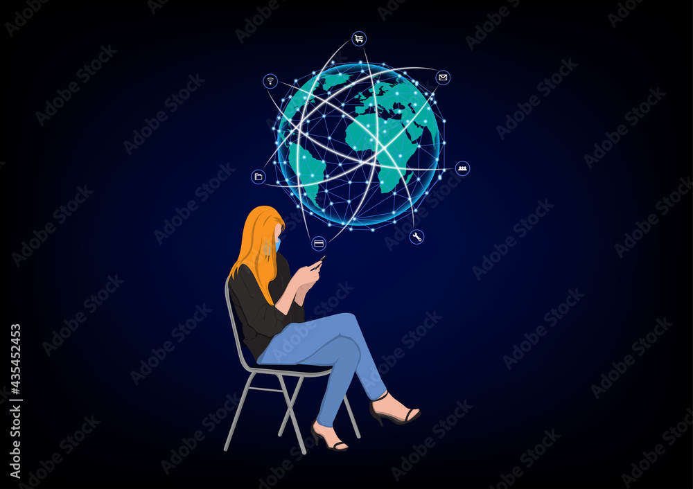 Aufkleber businesswoman siting on chair and using smartphone for connection technology, concept using smartpho