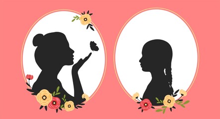 Mother and daughter silhouettes on a pink background with flowers