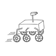 Fototapeta na wymiar Hand-drawn robotic rover for exploring and learning new planets in space.Doodle style,simple minimalistic drawing. Fantasy sketch, line art.Isolated.Vector illustration.