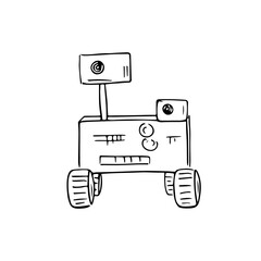 Hand-drawn robotic rover for exploring and learning new planets in space.Doodle style,simple minimalistic drawing. Fantasy sketch, line art.Isolated.Vector illustration.