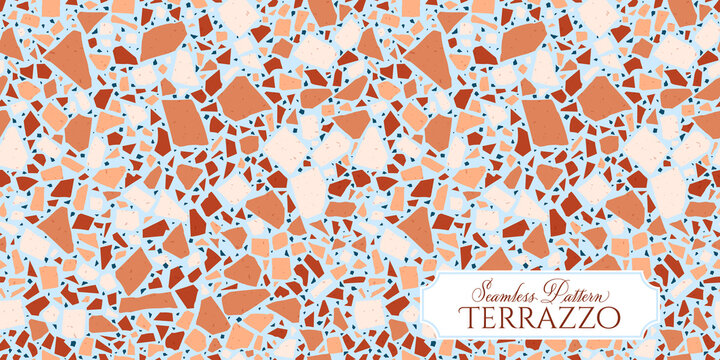 Terrazzo broken tile floor texture seamless pattern, vector abstract background with chaotic mosaic pieces, composed of natural stone, marble, glass, and concrete imitations.