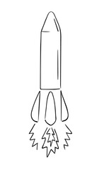 Hand-drawn space rocket for exploring new planets in space.Aircraft for movement over long cosmic distances.Doodle style,simple minimalistic drawing. Fantasy sketch,line art.Isolated.Vector