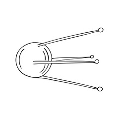 Hand-drawn space orbiting satellite for observing and exploring the planet.Unmanned aerial vehicle.Doodle style, simple minimalistic drawing.Fantasy sketch, line art.Isolated.Vector illustration.
